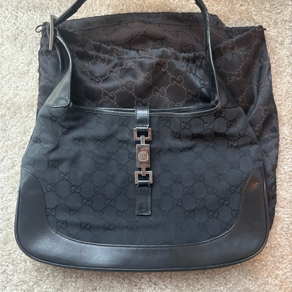 Gucci Jackie Black Monogram Canvas Shoulder Bag with Silver Hardware